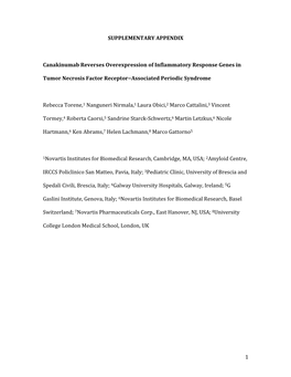 1 SUPPLEMENTARY APPENDIX Canakinumab Reverses Overexpression of Inflammatory Response Genes in Tumor Necrosis Factor Receptor−