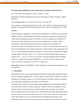 Thermodynamic Equilibrium for the Dehydration of 1-Butanol to Di-N-Butyl Ether M. A. Pérez-Maciá, R. Bringué*, M. Iborra, J