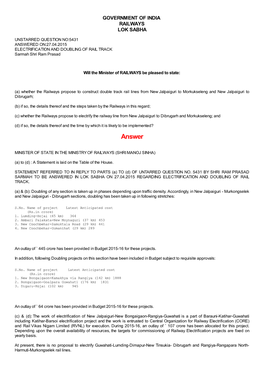 ANSWERED ON:27.04.2015 ELECTRIFICATION and DOUBLING of RAIL TRACK Sarmah Shri Ram Prasad