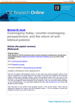 Cosmogony Today: Counter-Cosmogony, Perspectivism, and the Return of Anti- Biblical Polemic