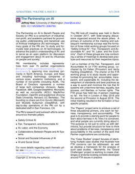 The Partnership on AI Jeffrey Heer (University of Washington; Jheer@Uw.Edu) DOI: 10.1145/3284751.3284760