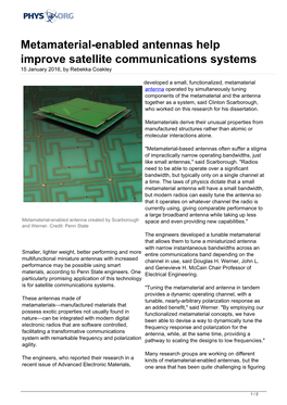 Metamaterial-Enabled Antennas Help Improve Satellite Communications Systems 15 January 2016, by Rebekka Coakley