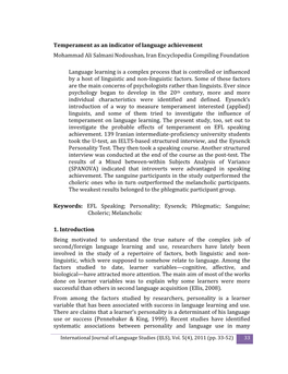 Temperament As an Indicator of Language Achievement Mohammad Ali Salmani Nodoushan, Iran Encyclopedia Compiling Foundation