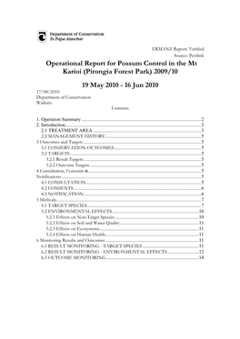 Operational Report for Possum Control in the Mt Karioi (Pirongia Forest Park) 2009/10