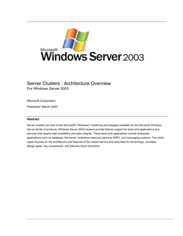 Microsoft Windows Server 2003. Server Clusters: Architecture
