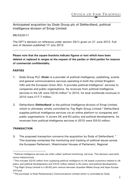 Full Text of the Decision Regarding the Anticipated Acquisition by Dods