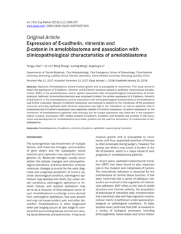 Original Article Expression of E-Cadherin, Vimentin and Β-Catenin in Ameloblastoma and Association with Clinicopathological Characteristics of Ameloblastoma