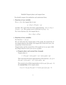 Math234 Tangent Planes and Tangent Lines