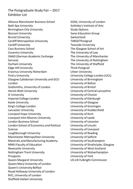 The Postgraduate Study Fair – 2017 Exhibitor List