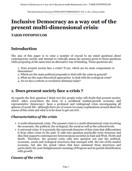 Inclusive Democracy As a Way out of the Present Multi-Dimensional Crisis - TAKIS FOTOPOULOS