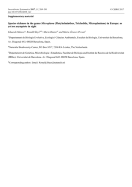 Species Richness in the Genus Microplana (Platyhelminthes, Tricladida, Microplaninae) in Europe: As Yet No Asymptote in Sight