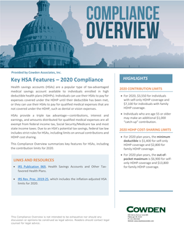 Key HSA Features – 2020 Compliance