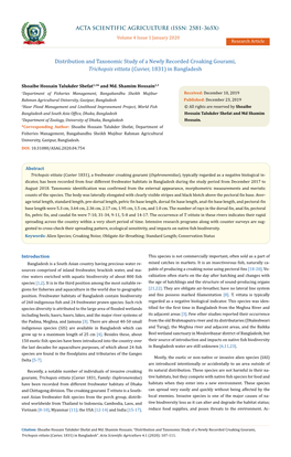 Distribution and Taxonomic Study of a Newly Recorded Croaking Gourami, Trichopsis Vittata (Cuvier, 1831) in Bangladesh