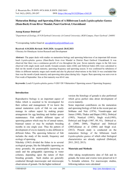 Maturation Biology and Spawning Ethos of a Hillstream Loach Lepidocephalus Guntea (Ham-Buch) from River Mandal, Pauri Garhwal, Uttarakhand