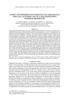 Aspect of Reproductive Biology of Parachanna Obscura, Gunther 1861 in a Southwestern Nigerian Reservoir