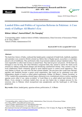 Research Landed Elites and Politics of Agrarian Reforms in Pakistan: A
