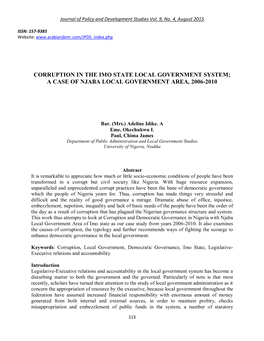 Corruption in the Imo State Local Government System; a Case of Njaba Local Government Area, 2006-2010