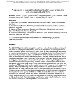 A Rapid, Point of Care Red Blood Cell Agglutination Assay for Detecting Antibodies Against SARS-Cov-2