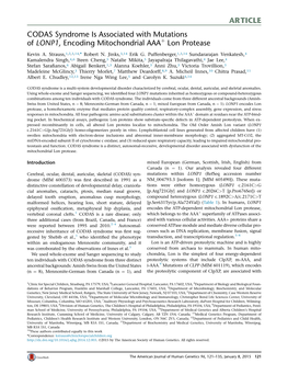 CODAS Syndrome Is Associated with Mutations of LONP1, Encoding Mitochondrial AAA+ Lon Protease