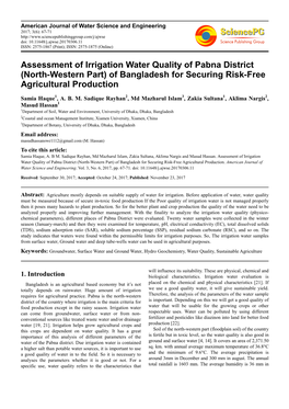 Assessment of Irrigation Water Quality of Pabna District (North-Western Part) of Bangladesh for Securing Risk-Free Agricultural Production