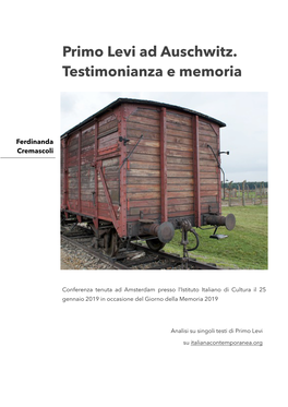 Primo Levi Ad Auschwitz. Testimonianza E Memoria