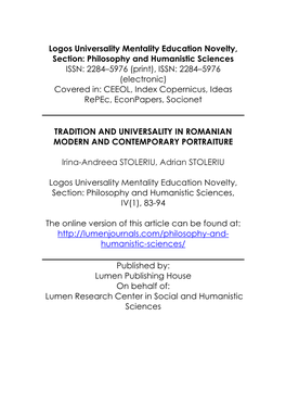 Philosophy and Humanistic Sciences ISSN: 2284–5976 (Print), ISSN: 2284–5976 (Electronic) Covered In: CEEOL, Index Copernicus, Ideas Repec, Econpapers, Socionet