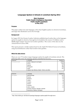 Page 1 of 24 Languages Spoken in Schools in Lewisham Spring 2012