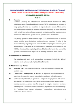 Under Choice Based Credit System (Cbcs), Khallikote University, Berhampur, Ganjam, Odisha 2015-16 1