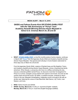 GKIDS and Fathom Events Kick Off STUDIO GHIBLI FEST with the 10Th Anniversary of “Ponyo” from Academy Award®-Winning Director Hayao Miyazaki in Select U.S
