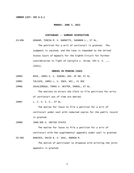 (Order List: 593 U.S.) Monday, June 7, 2021 Certiorari