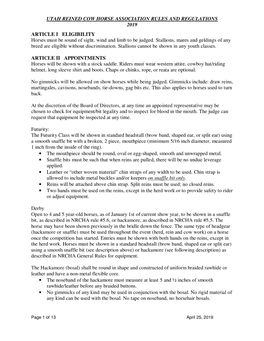 UTAH REINED COW HORSE ASSOCIATION RULES and REGULATIONS 2019 ARTICLE I ELIGIBILITY Horses Must Be Sound of Sight, Wind and Limb to Be Judged