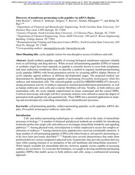 Discovery of Membrane-Permeating Cyclic Peptides Via Mrna Display John Bowen1†, Allison E