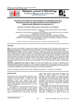 Malaysian Journal of Microbiology, Vol 14(7) 2018, Pp