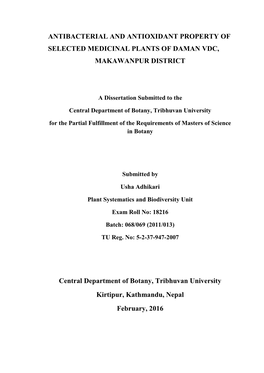Antibacterial and Antioxidant Property of Selected Medicinal Plants of Daman Vdc, Makawanpur District
