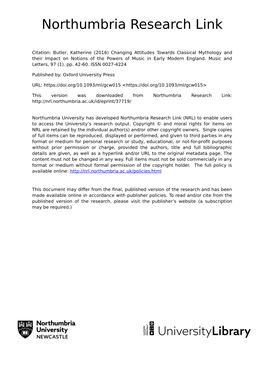 Changing Attitudes Towards Classical Mythology and Their Impact on Notions of the Powers of Music in Early Modern England