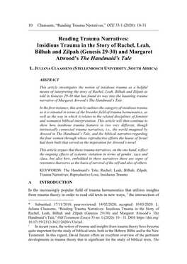 Insidious Trauma in the Story of Rachel, Leah, Bilhah and Zilpah (Genesis 29-30) and Margaret Atwood’S the Handmaid’S Tale