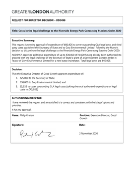 Costs in the Legal Challenge to the Riverside Energy Park Generating Stations Order 2020