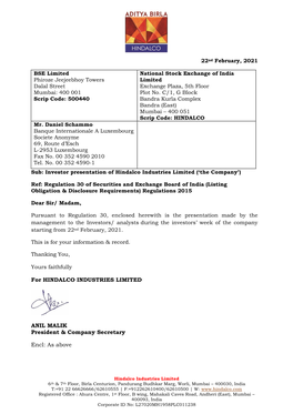 Investor Presentation of Hindalco Industries Limited (‘The Company’)