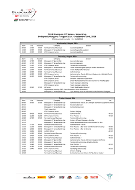 2018 Blancpain GT Series - Sprint Cup Budapest (Hungary) - August 31St - September 2Nd, 2018 Official Detailed Timetable - V1 - 30/08/2018