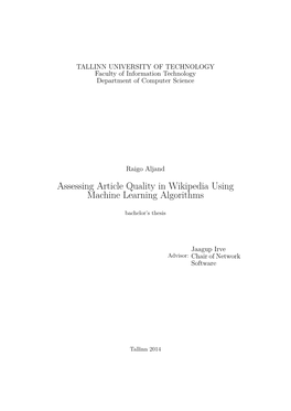 Assessing Article Quality in Wikipedia Using Machine Learning Algorithms