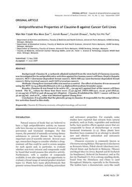 Antiproliferative Properties of Clausine-B Against Cancer Cell Lines