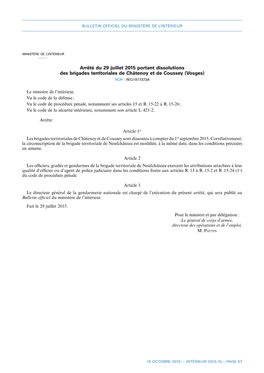 Arrêté Du 29 Juillet 2015 Portant Dissolutions Des Brigades Territoriales De Châtenoy Et De Coussey (Vosges)