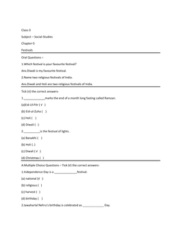 Class-3 Subject – Social-Studies Chapter-5 Festivals Oral Questions