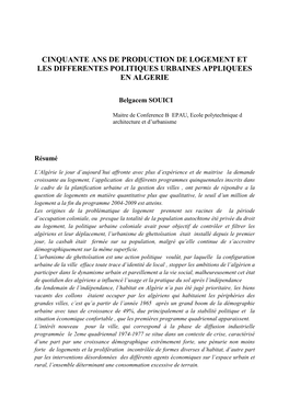 Cinquante Ans De Production De Logement Et Les Differentes Politiques Urbaines Appliquees En Algerie