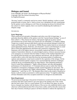 Dialogue and Sound from THEORY of FILM “The Redemption of Physical Reality” Copyright 1960 the Oxford University Press by Siegfried Kracauer