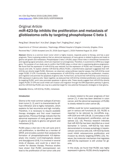 Original Article Mir-423-5P Inhibits the Proliferation and Metastasis of Glioblastoma Cells by Targeting Phospholipase C Beta 1