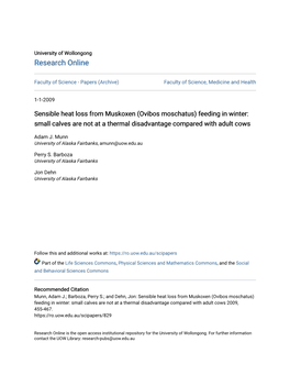 Sensible Heat Loss from Muskoxen (Ovibos Moschatus) Feeding in Winter: Small Calves Are Not at a Thermal Disadvantage Compared with Adult Cows