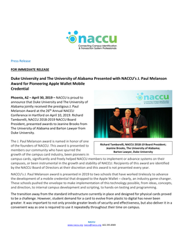 Duke University and the University of Alabama Presented with NACCU's J. Paul Melanson Award for Pioneering Apple Wallet Mobile