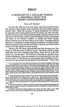 A Memorial Essay for Henry Schwarzschild