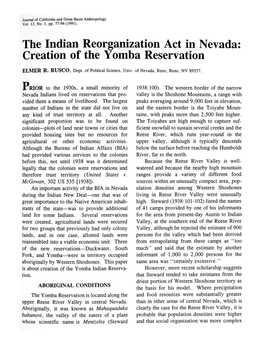 The Indian Reorganization Act in Nevada: Creation of the Yomba Reservation